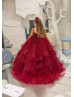 Beaded Burgundy Lace Tulle Corset Back Flower Girl Dress